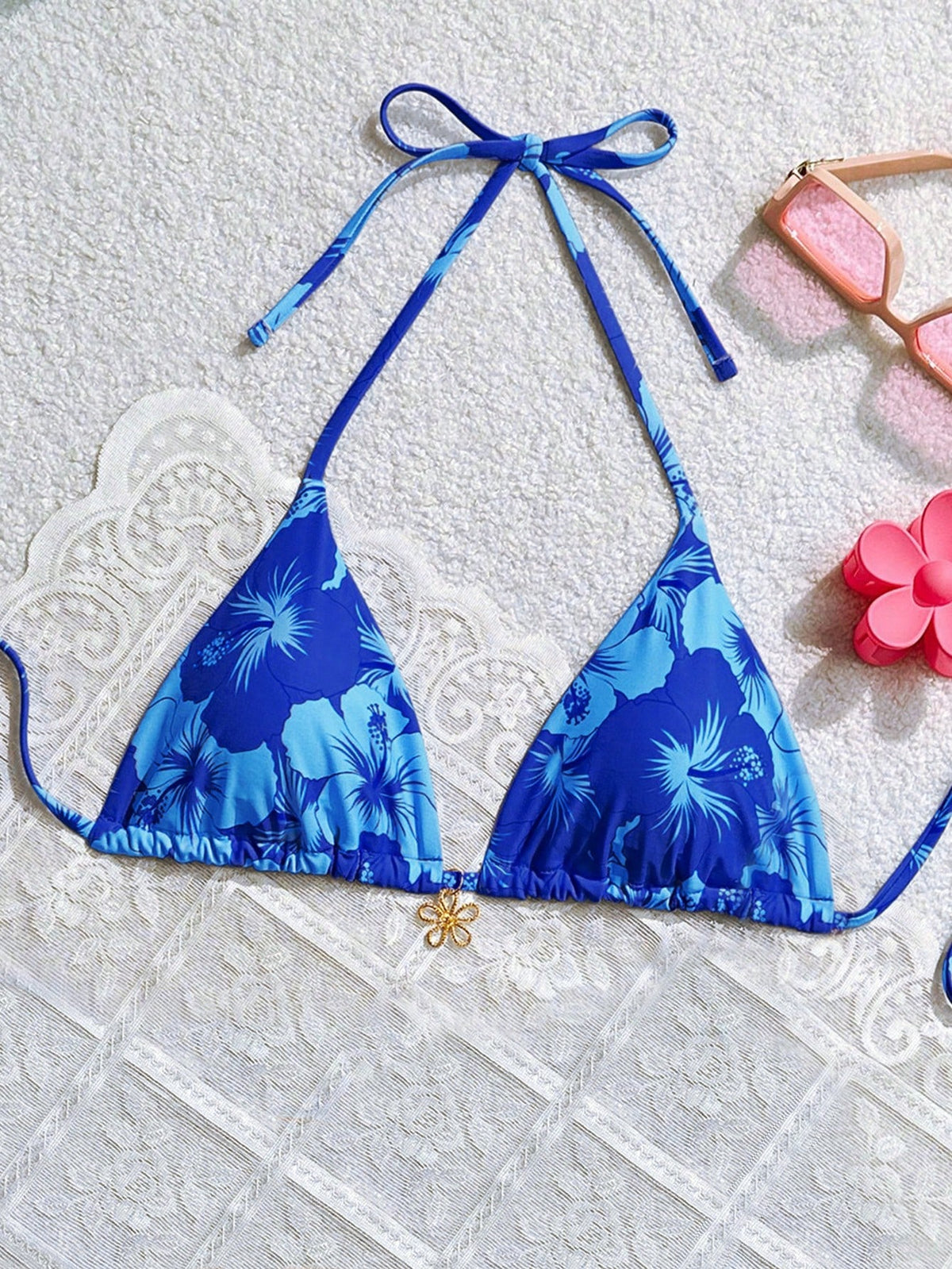 Swim Mod Women Summer Beach Floral Print Metal Decor Strap Bikini Top