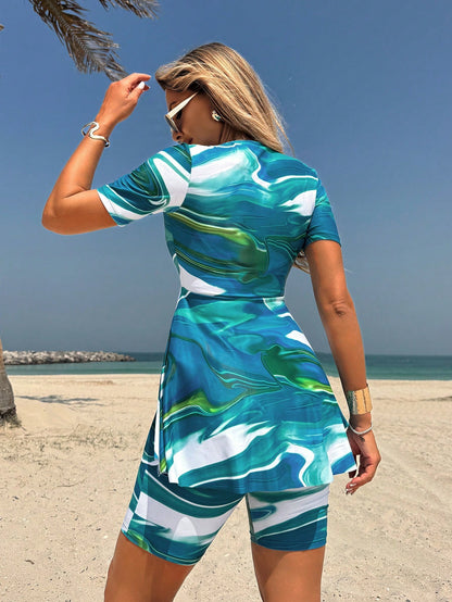 Swim Mulvari 2pcs/Set New Summer Circular Print Round Neck Short Sleeve Front Zipper Swimsuit And Shorts Burkini Set