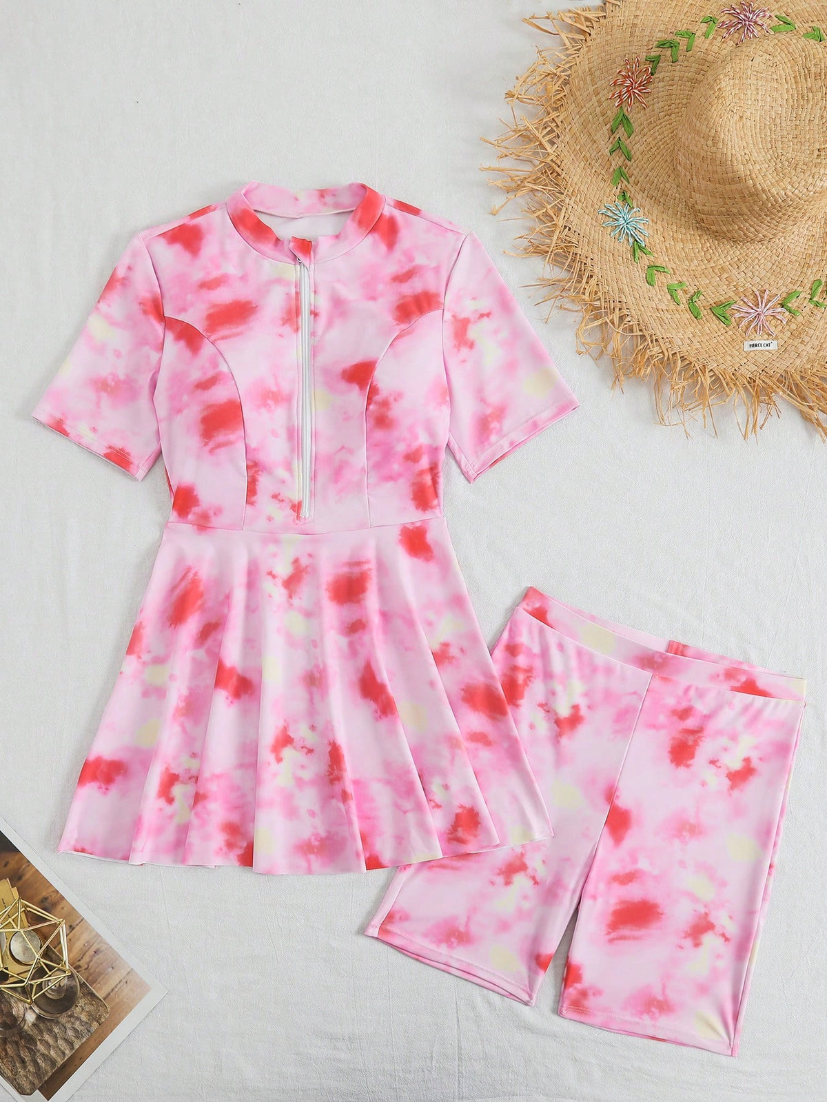 Swim Mulvari 2pcs/Set New Summer Circular Print Round Neck Short Sleeve Front Zipper Swimsuit And Shorts Burkini Set