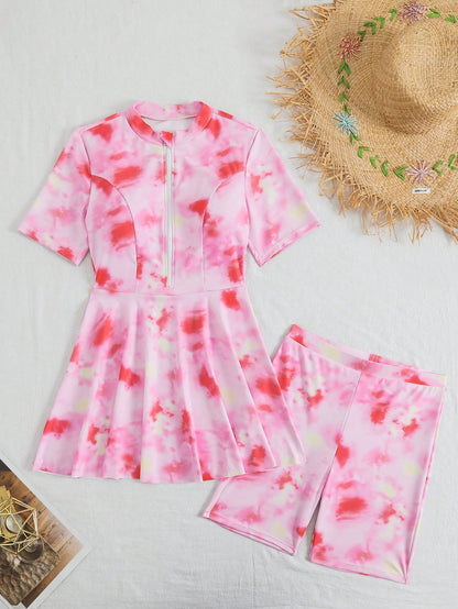 Swim Mulvari 2pcs/Set New Summer Circular Print Round Neck Short Sleeve Front Zipper Swimsuit And Shorts Burkini Set