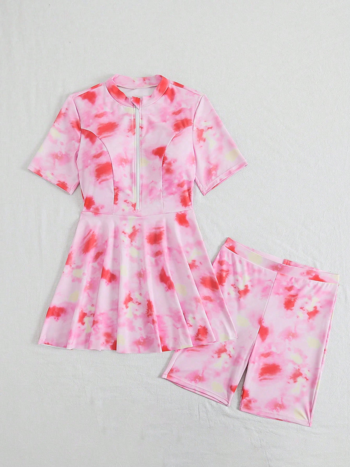 Swim Mulvari 2pcs/Set New Summer Circular Print Round Neck Short Sleeve Front Zipper Swimsuit And Shorts Burkini Set