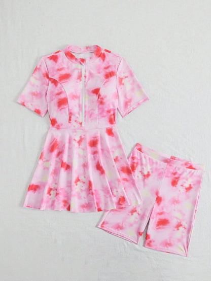 Swim Mulvari 2pcs/Set New Summer Circular Print Round Neck Short Sleeve Front Zipper Swimsuit And Shorts Burkini Set