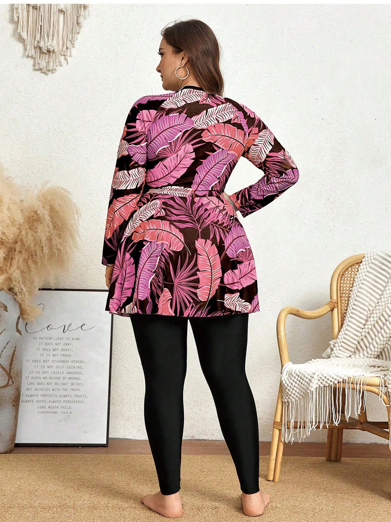 Swim Mulvari 2pcs/Set Plus Size Women Printed Long Sleeve Crew Neck Zip-Up Modest Tankini, Conservative One-Piece Swimwear For Vacation Summer