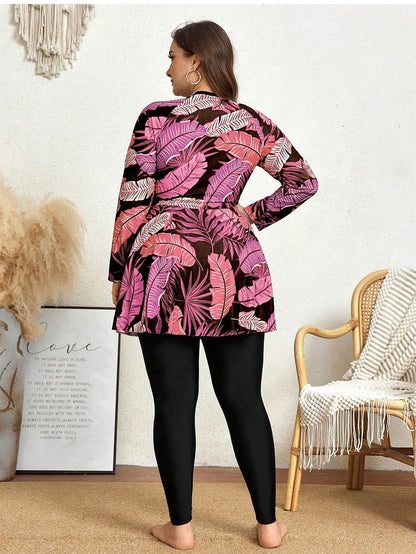 Swim Mulvari 2pcs/Set Plus Size Women Printed Long Sleeve Crew Neck Zip-Up Modest Tankini, Conservative One-Piece Swimwear For Vacation Summer
