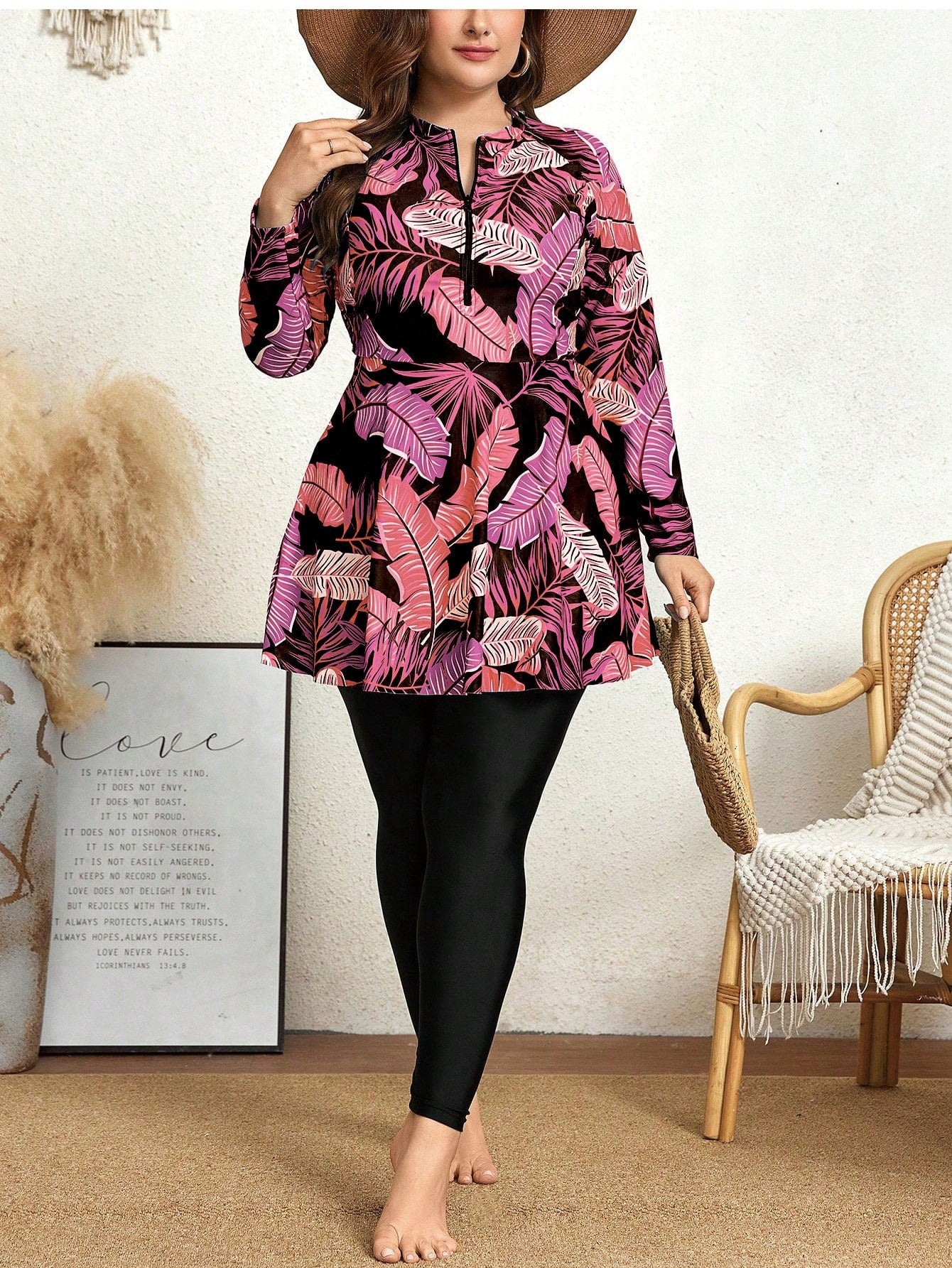Swim Mulvari 2pcs/Set Plus Size Women Printed Long Sleeve Crew Neck Zip-Up Modest Tankini, Conservative One-Piece Swimwear For Vacation Summer
