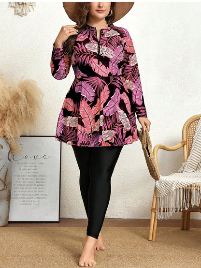 Swim Mulvari 2pcs/Set Plus Size Women Printed Long Sleeve Crew Neck Zip-Up Modest Tankini, Conservative One-Piece Swimwear For Vacation Summer