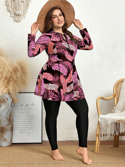 Swim Mulvari 2pcs/Set Plus Size Women Printed Long Sleeve Crew Neck Zip-Up Modest Tankini, Conservative One-Piece Swimwear For Vacation Summer