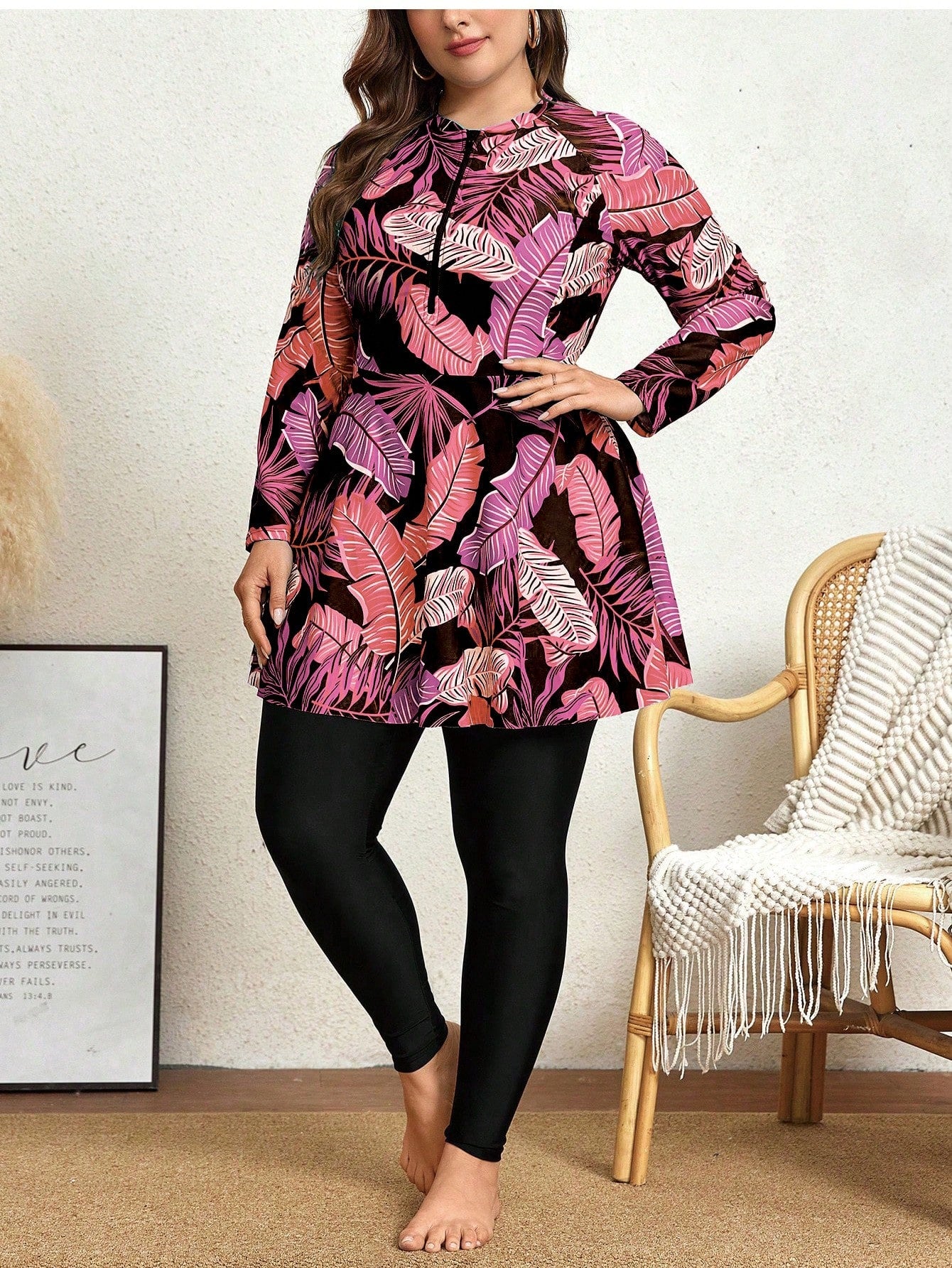 Swim Mulvari 2pcs/Set Plus Size Women Printed Long Sleeve Crew Neck Zip-Up Modest Tankini, Conservative One-Piece Swimwear For Vacation Summer
