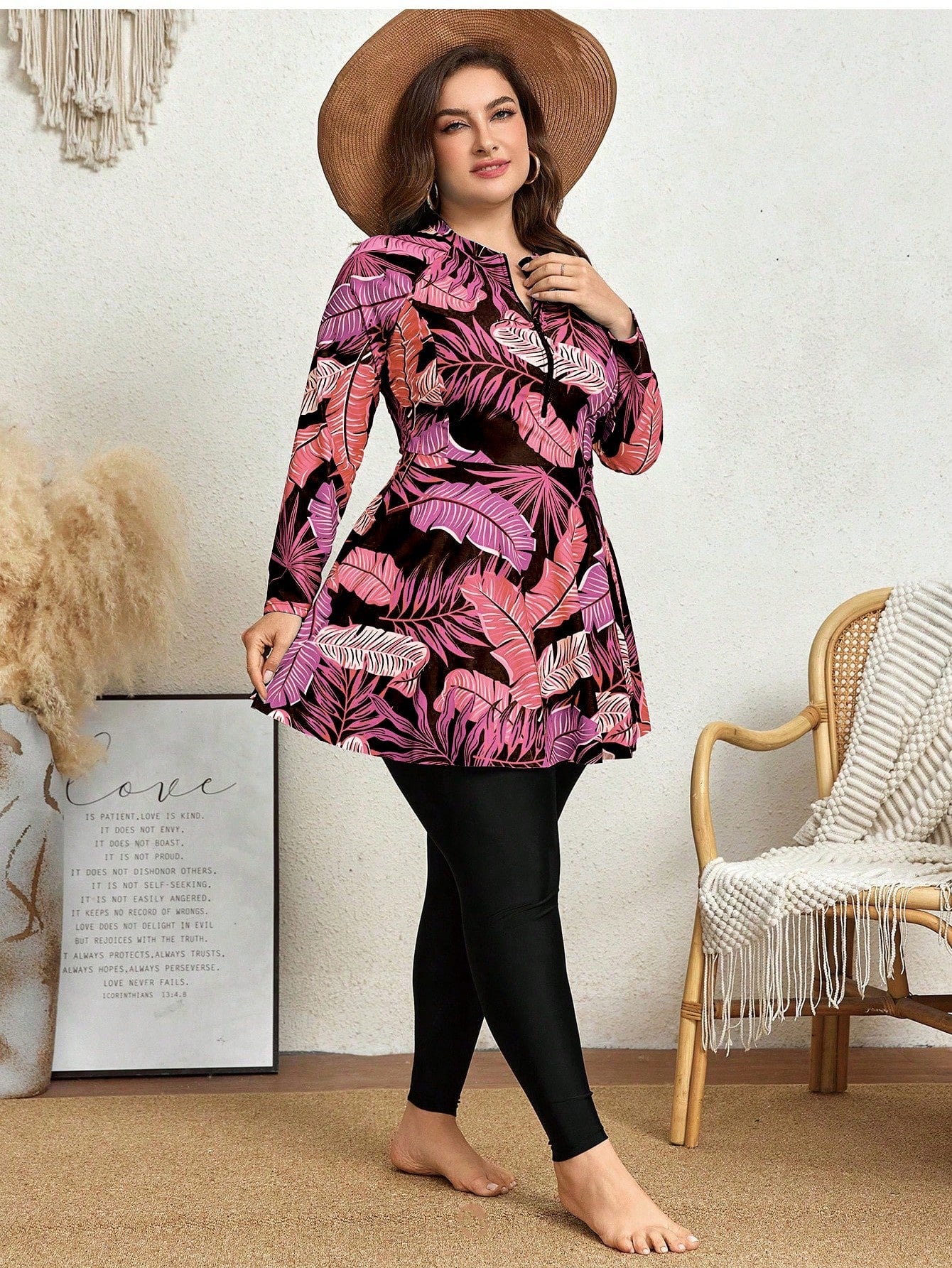 Swim Mulvari 2pcs/Set Plus Size Women Printed Long Sleeve Crew Neck Zip-Up Modest Tankini, Conservative One-Piece Swimwear For Vacation Summer
