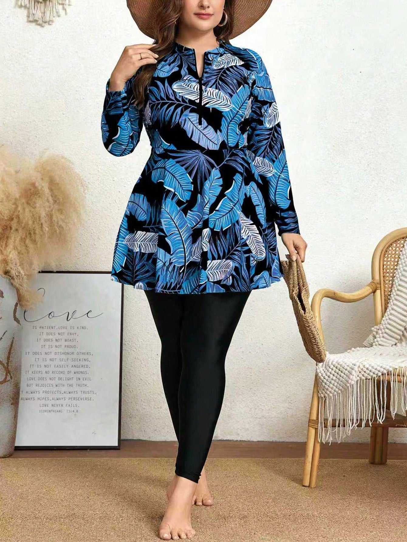 Swim Mulvari 2pcs/Set Plus Size Women Printed Long Sleeve Crew Neck Zip-Up Modest Tankini, Conservative One-Piece Swimwear For Vacation Summer