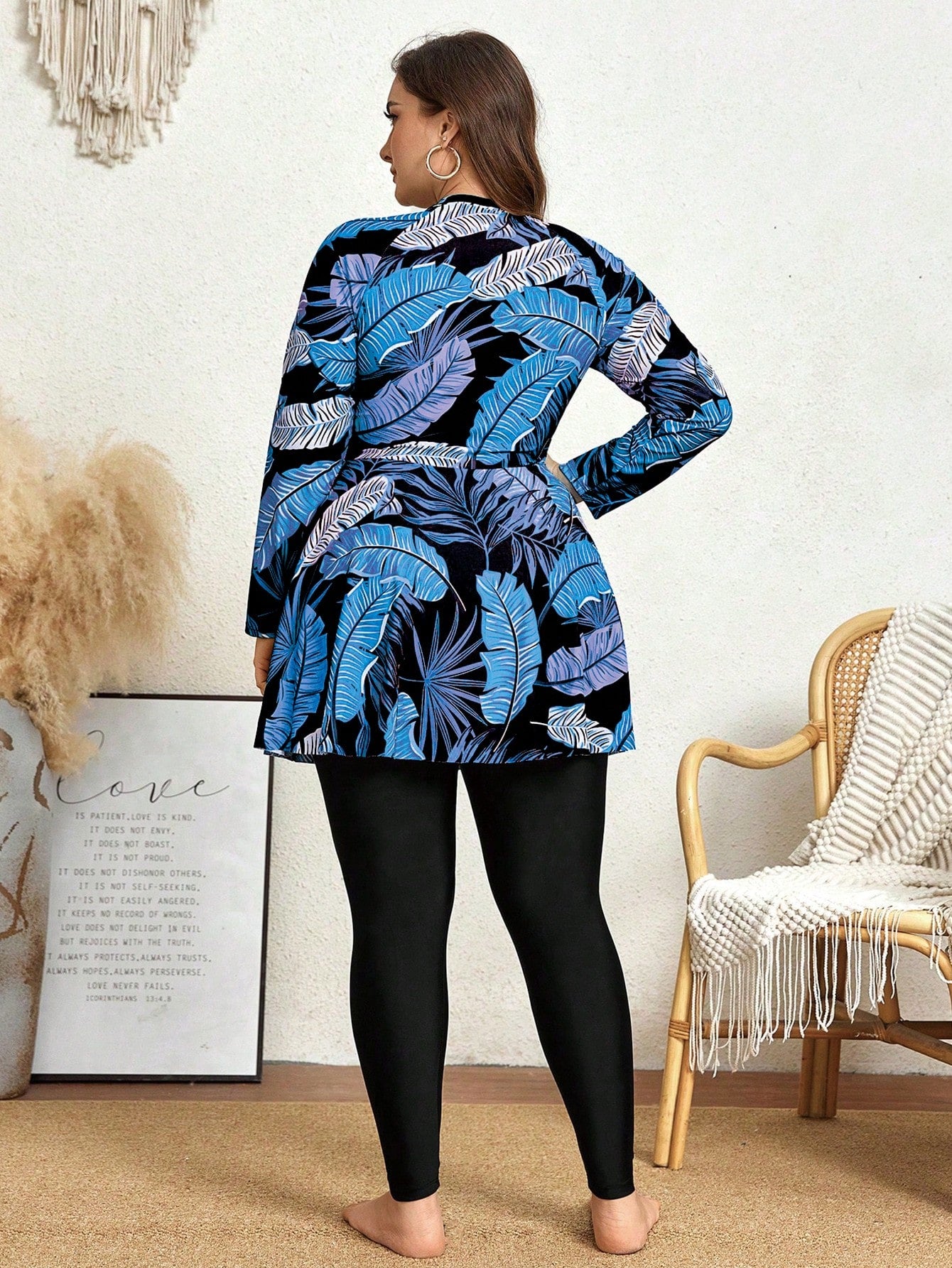 Swim Mulvari 2pcs/Set Plus Size Women Printed Long Sleeve Crew Neck Zip-Up Modest Tankini, Conservative One-Piece Swimwear For Vacation Summer