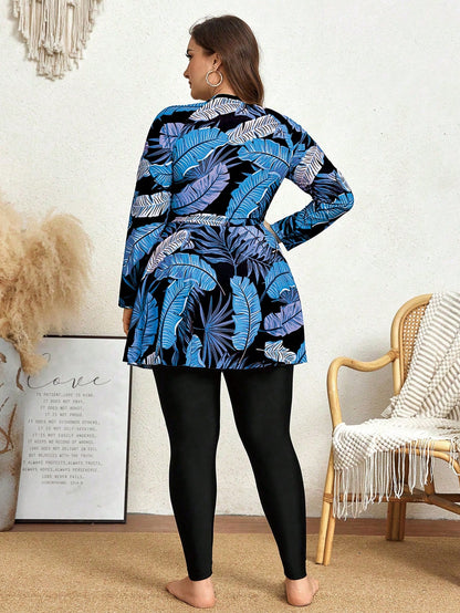 Swim Mulvari 2pcs/Set Plus Size Women Printed Long Sleeve Crew Neck Zip-Up Modest Tankini, Conservative One-Piece Swimwear For Vacation Summer