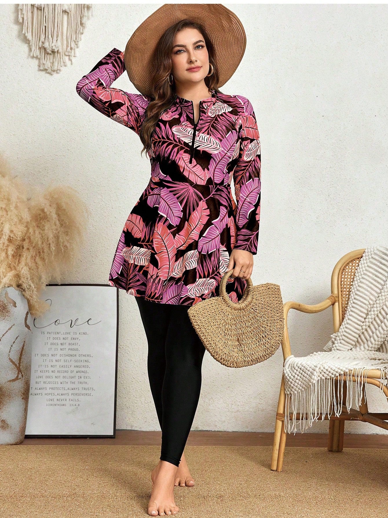 Swim Mulvari 2pcs/Set Plus Size Women Printed Long Sleeve Crew Neck Zip-Up Modest Tankini, Conservative One-Piece Swimwear For Vacation Summer