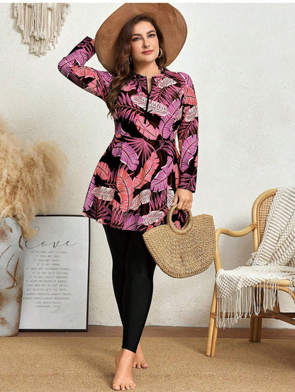 Swim Mulvari 2pcs/Set Plus Size Women Printed Long Sleeve Crew Neck Zip-Up Modest Tankini, Conservative One-Piece Swimwear For Vacation Summer