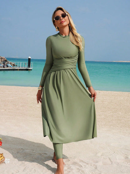 Swim Mulvari Elegant Waist Inched Long Sleeve Vacation Swimwear Includes Swimwear Pants Vacation Set
