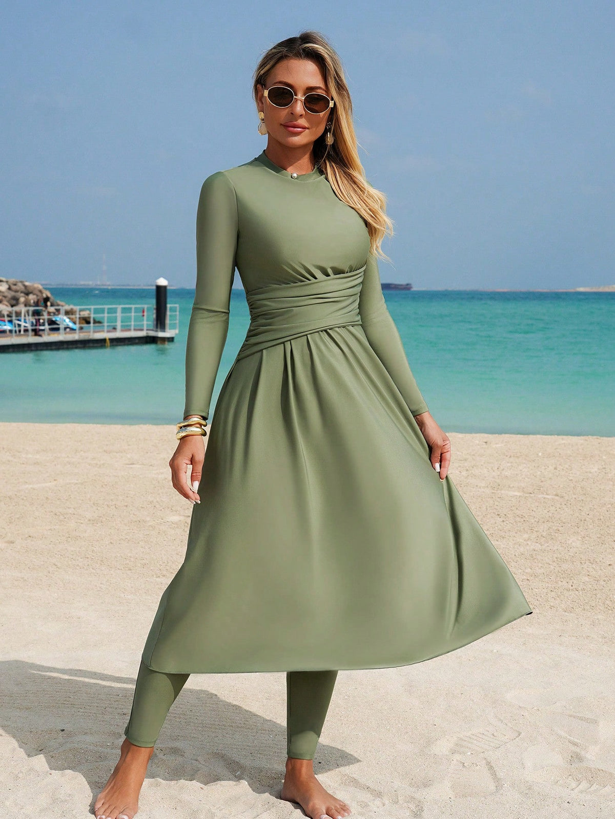 Swim Mulvari Elegant Waist Inched Long Sleeve Vacation Swimwear Includes Swimwear Pants Vacation Set