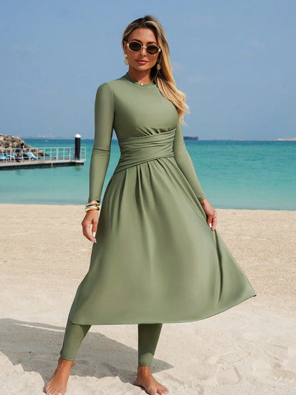 Swim Mulvari Elegant Waist Inched Long Sleeve Vacation Swimwear Includes Swimwear Pants Vacation Set
