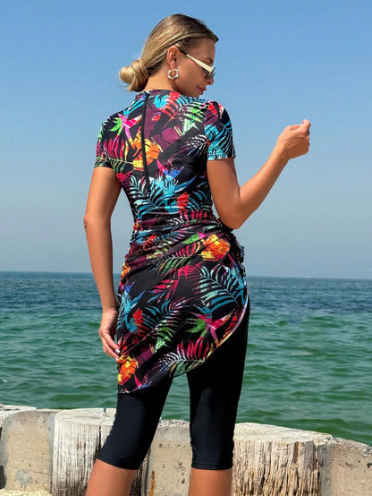 Swim Mulvari Middle Eastern Romantic Vacation Colorful Floral Print Short Sleeve Capri Pants Women's 3-Piece Burkini Set For Summer