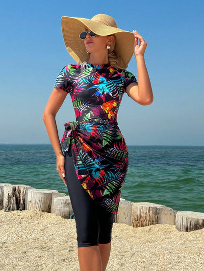 Swim Mulvari Middle Eastern Romantic Vacation Colorful Floral Print Short Sleeve Capri Pants Women's 3-Piece Burkini Set For Summer