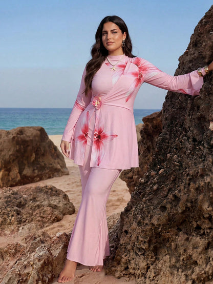 Swim Mulvari Plus Size Women's Floral Print Burkini 2 Pieces Set