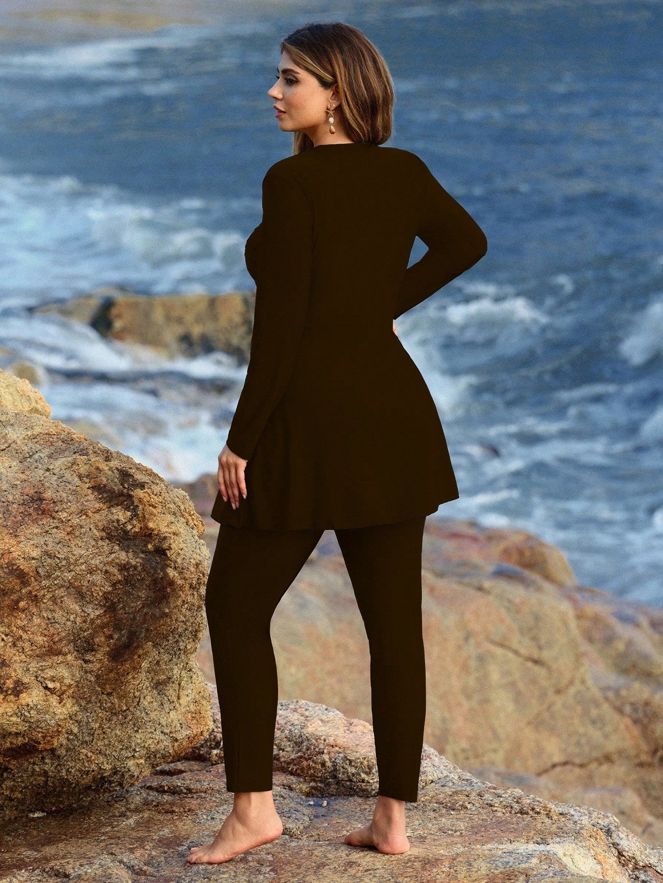 Swim Mulvari Plus Size Women's Solid Color Round Neck Long Sleeve Cinched Waist Decorative Button Two Pieces Burkinis Swimwear