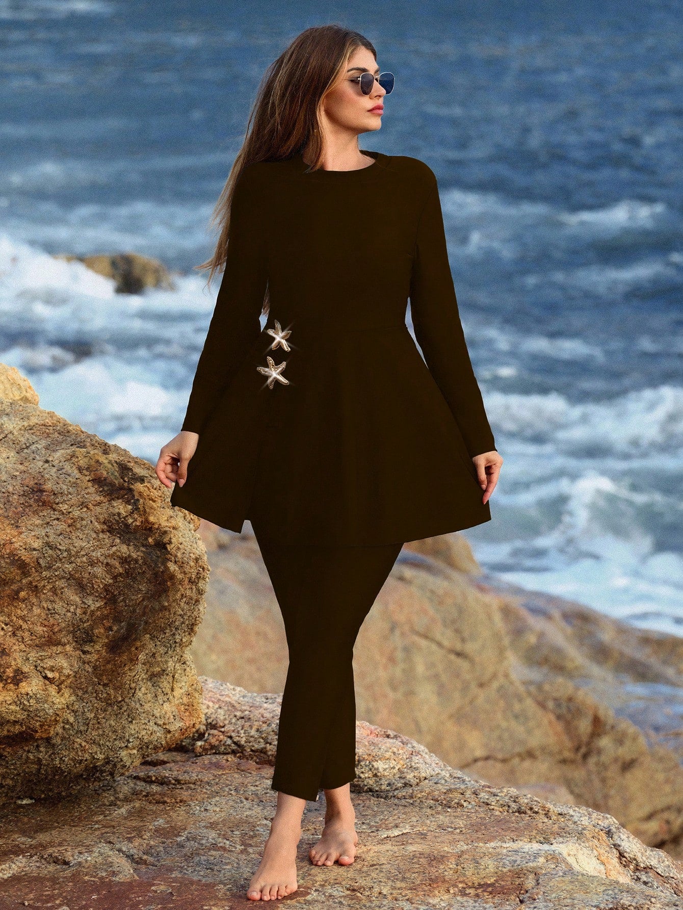 Swim Mulvari Plus Size Women's Solid Color Round Neck Long Sleeve Cinched Waist Decorative Button Two Pieces Burkinis Swimwear