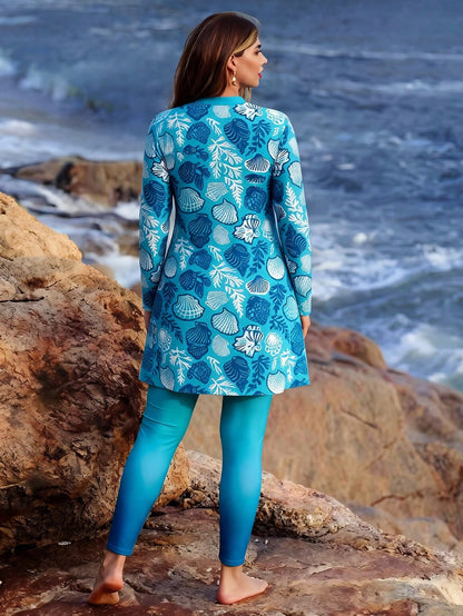 Swim Mulvari Plus Size Women's Vacation Random Shell Print Beach Wear Long Sleeve Long Pants Casual Burkini Set