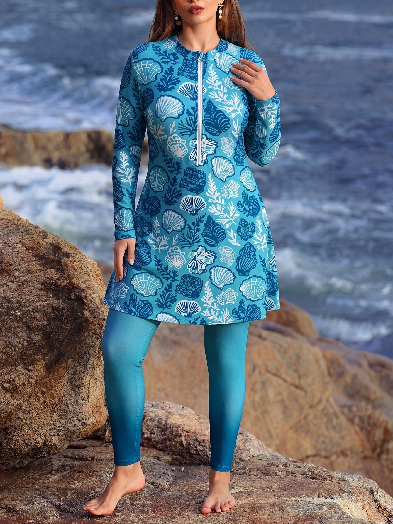 Swim Mulvari Plus Size Women's Vacation Random Shell Print Beach Wear Long Sleeve Long Pants Casual Burkini Set