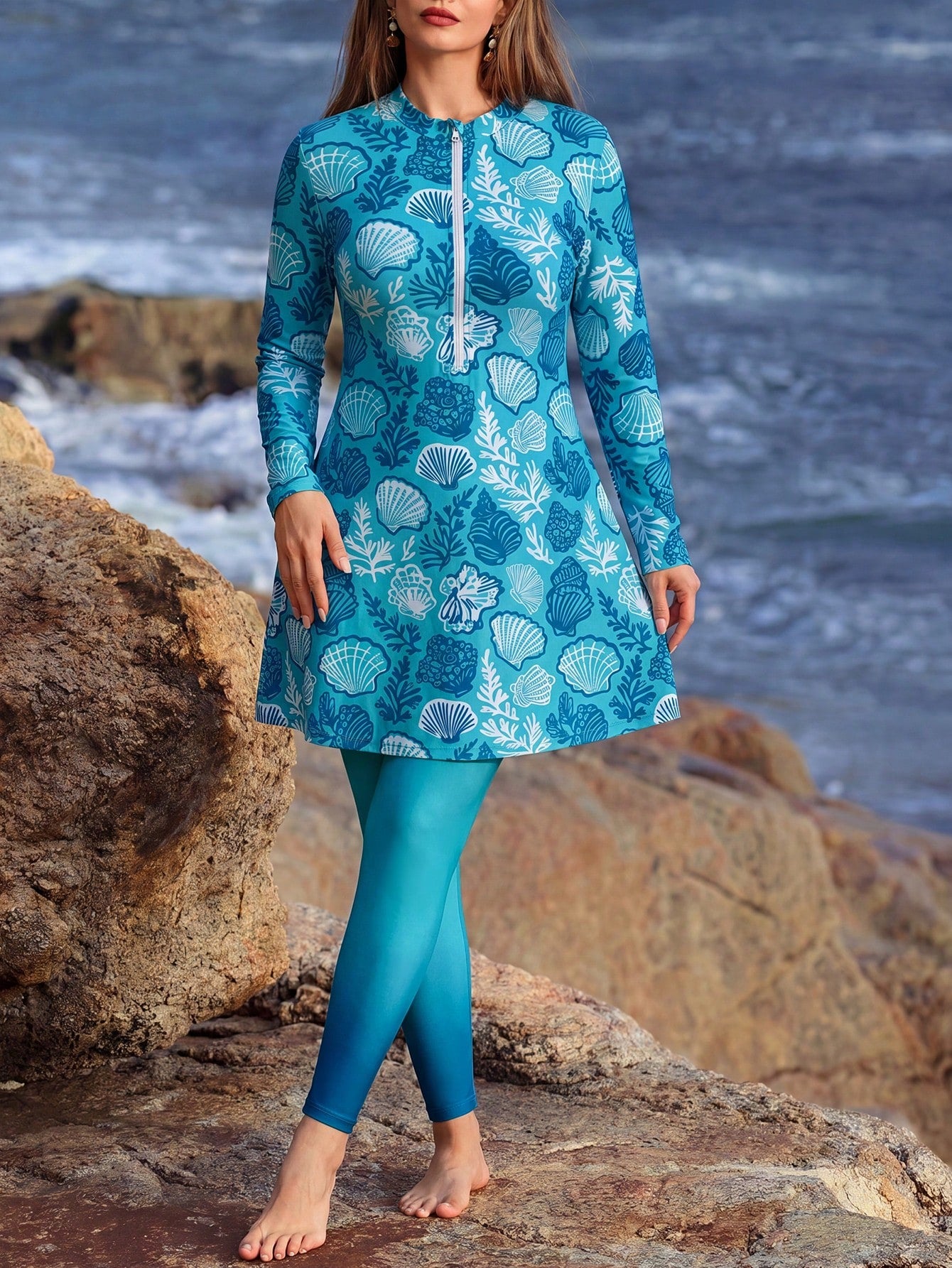Swim Mulvari Plus Size Women's Vacation Random Shell Print Beach Wear Long Sleeve Long Pants Casual Burkini Set
