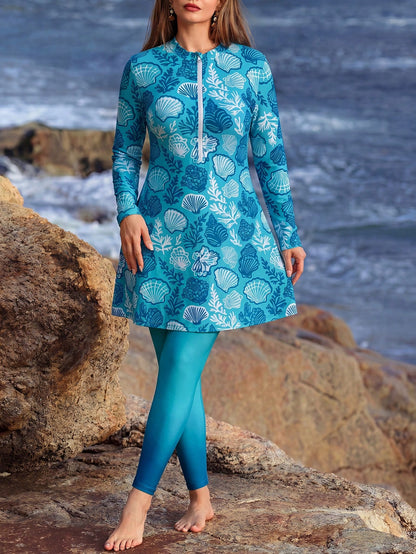 Swim Mulvari Plus Size Women's Vacation Random Shell Print Beach Wear Long Sleeve Long Pants Casual Burkini Set