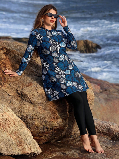 Swim Mulvari Plus Size Women's Vacation Random Shell Print Beach Wear Long Sleeve Long Pants Casual Burkini Set