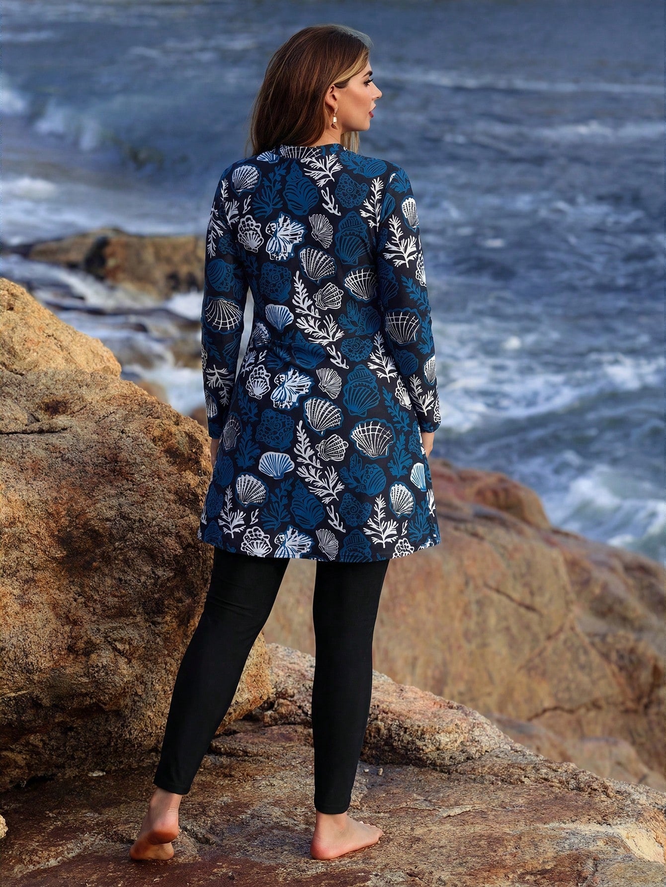 Swim Mulvari Plus Size Women's Vacation Random Shell Print Beach Wear Long Sleeve Long Pants Casual Burkini Set
