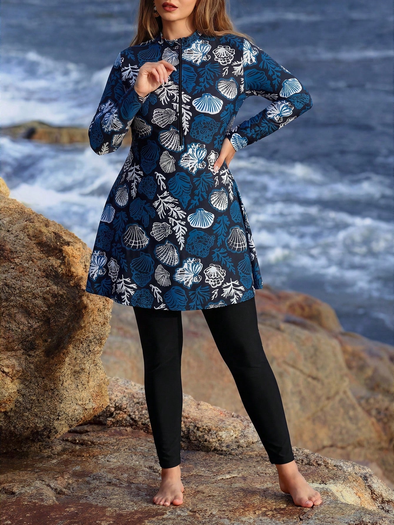 Swim Mulvari Plus Size Women's Vacation Random Shell Print Beach Wear Long Sleeve Long Pants Casual Burkini Set
