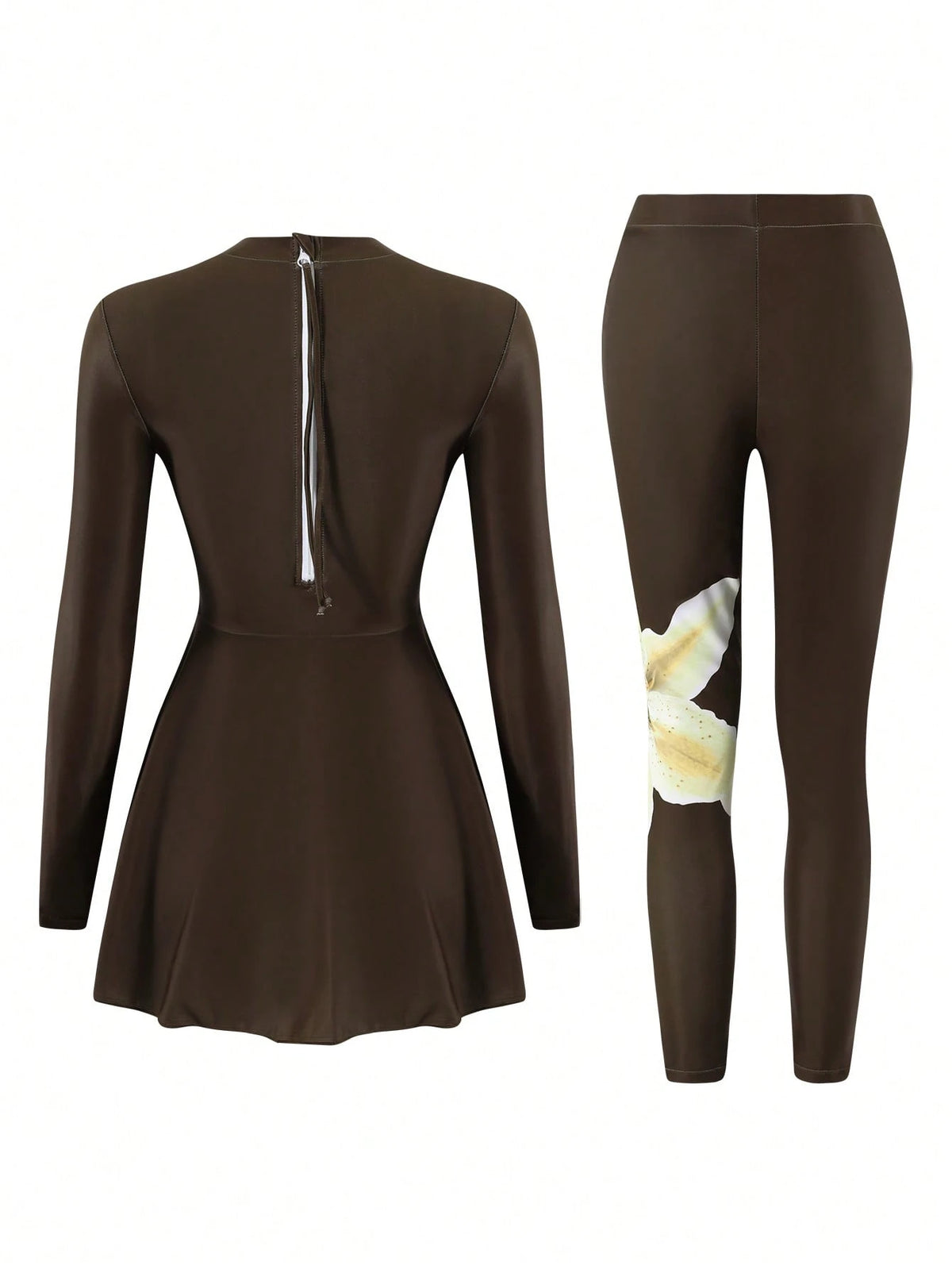 Swim Mulvari Summer Beach Women's Burkini 2-Piece Set, Chocolate Brown Lily Floral Print Long Sleeve Dress Back Zipper Top Long Pants Swimwear Modest