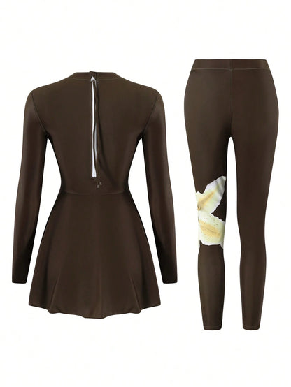 Swim Mulvari Summer Beach Women's Burkini 2-Piece Set, Chocolate Brown Lily Floral Print Long Sleeve Dress Back Zipper Top Long Pants Swimwear Modest