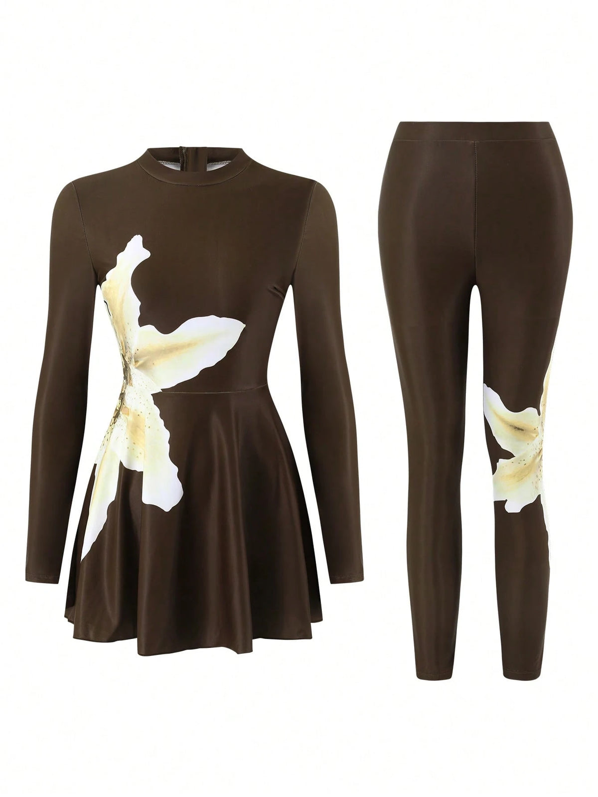 Swim Mulvari Summer Beach Women's Burkini 2-Piece Set, Chocolate Brown Lily Floral Print Long Sleeve Dress Back Zipper Top Long Pants Swimwear Modest
