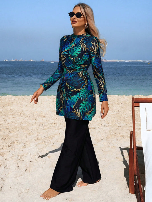 Swim Mulvari Women's Middle Eastern Style 2-Piece Burkinis Set,Floral Print Long Sleeve Dress,Straight Leg Pants,Modest Summer Beach Holiday Navy Blue Swimwear
