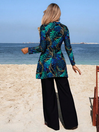 Swim Mulvari Women's Middle Eastern Style 2-Piece Burkinis Set,Floral Print Long Sleeve Dress,Straight Leg Pants,Modest Summer Beach Holiday Navy Blue Swimwear