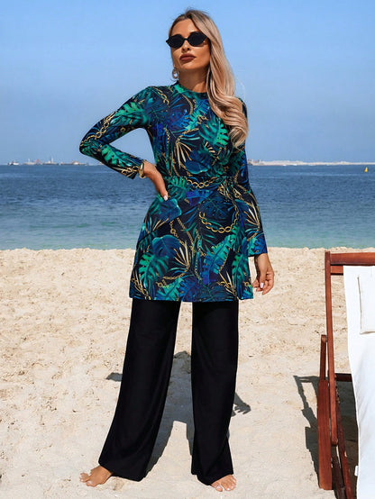 Swim Mulvari Women's Middle Eastern Style 2-Piece Burkinis Set,Floral Print Long Sleeve Dress,Straight Leg Pants,Modest Summer Beach Holiday Navy Blue Swimwear