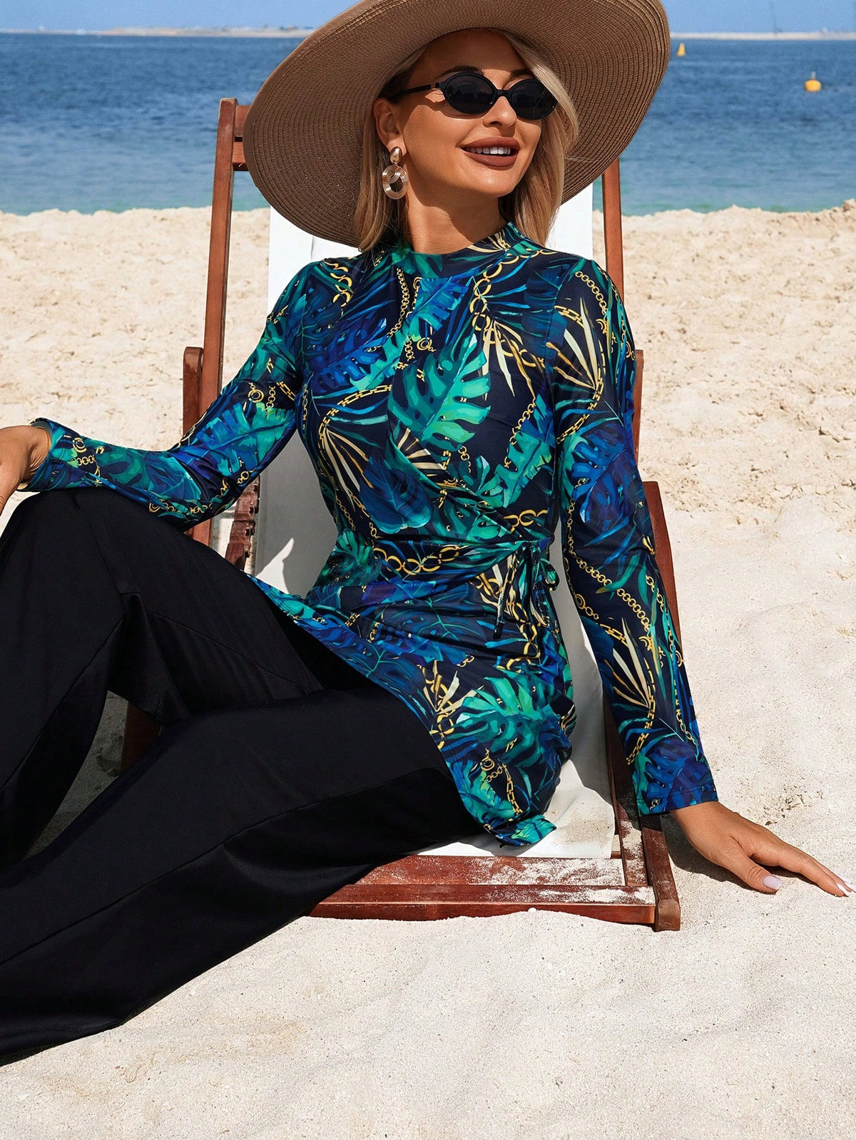 Swim Mulvari Women's Middle Eastern Style 2-Piece Burkinis Set,Floral Print Long Sleeve Dress,Straight Leg Pants,Modest Summer Beach Holiday Navy Blue Swimwear