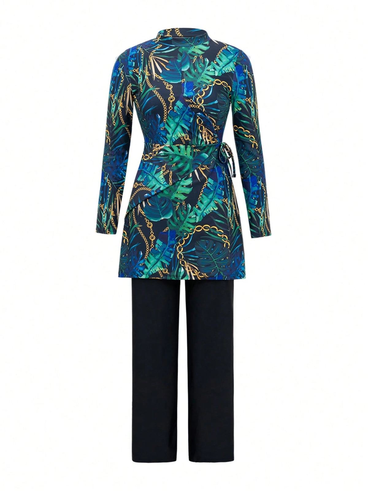 Swim Mulvari Women's Middle Eastern Style 2-Piece Burkinis Set,Floral Print Long Sleeve Dress,Straight Leg Pants,Modest Summer Beach Holiday Navy Blue Swimwear