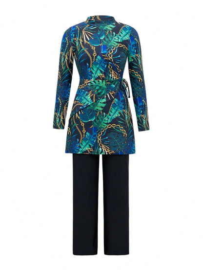 Swim Mulvari Women's Middle Eastern Style 2-Piece Burkinis Set,Floral Print Long Sleeve Dress,Straight Leg Pants,Modest Summer Beach Holiday Navy Blue Swimwear