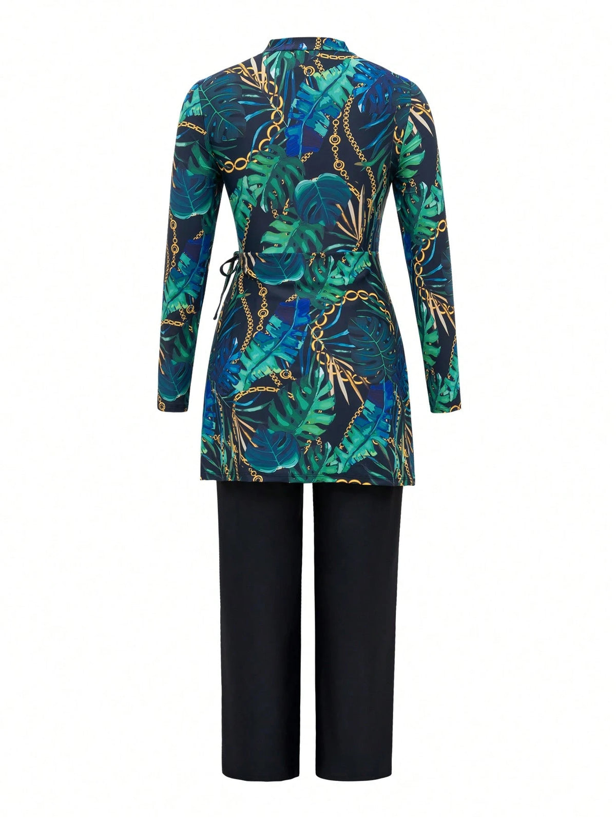 Swim Mulvari Women's Middle Eastern Style 2-Piece Burkinis Set,Floral Print Long Sleeve Dress,Straight Leg Pants,Modest Summer Beach Holiday Navy Blue Swimwear
