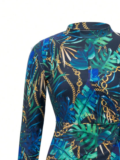 Swim Mulvari Women's Middle Eastern Style 2-Piece Burkinis Set,Floral Print Long Sleeve Dress,Straight Leg Pants,Modest Summer Beach Holiday Navy Blue Swimwear