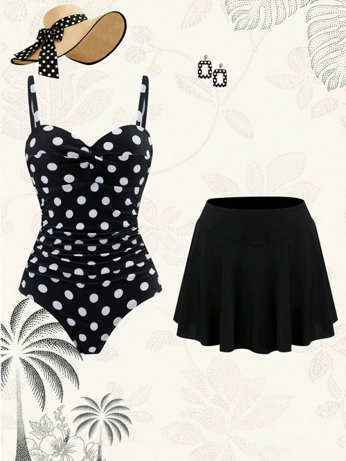 Swim Oasis 2026 New Plus Size Black & White Polka Dot Ruched Waist One-Piece Swimsuit Set With High Waist Skirt, Casual Elegant Flattering Slimming Beach Vacation Women's Swimwear