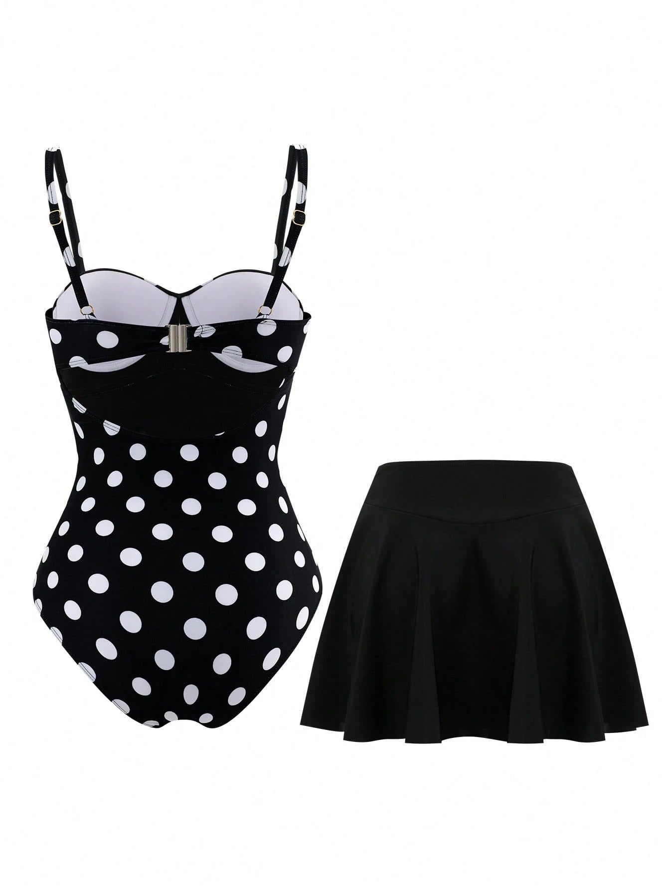 Swim Oasis 2026 New Plus Size Black & White Polka Dot Ruched Waist One-Piece Swimsuit Set With High Waist Skirt, Casual Elegant Flattering Slimming Beach Vacation Women's Swimwear