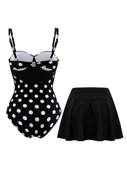 Swim Oasis 2026 New Plus Size Black & White Polka Dot Ruched Waist One-Piece Swimsuit Set With High Waist Skirt, Casual Elegant Flattering Slimming Beach Vacation Women's Swimwear