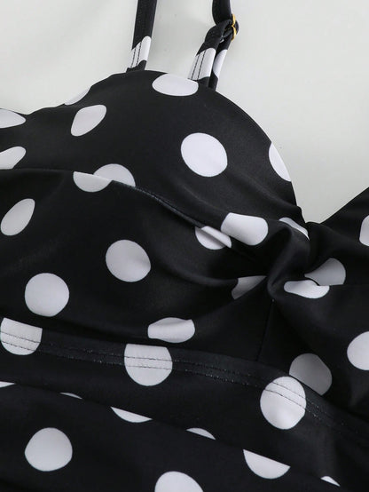 Swim Oasis 2026 New Plus Size Black & White Polka Dot Ruched Waist One-Piece Swimsuit Set With High Waist Skirt, Casual Elegant Flattering Slimming Beach Vacation Women's Swimwear