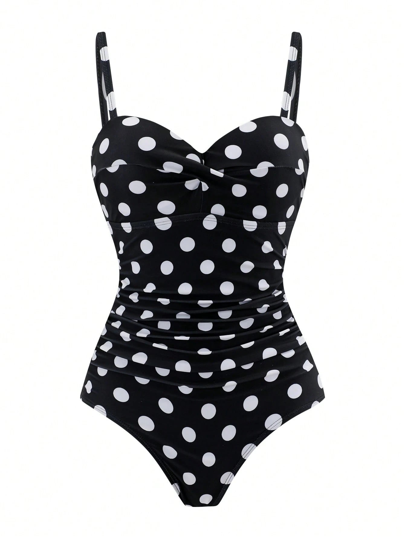 Swim Oasis 2026 New Plus Size Black & White Polka Dot Ruched Waist One-Piece Swimsuit Set With High Waist Skirt, Casual Elegant Flattering Slimming Beach Vacation Women's Swimwear