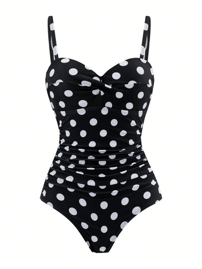 Swim Oasis 2026 New Plus Size Black & White Polka Dot Ruched Waist One-Piece Swimsuit Set With High Waist Skirt, Casual Elegant Flattering Slimming Beach Vacation Women's Swimwear